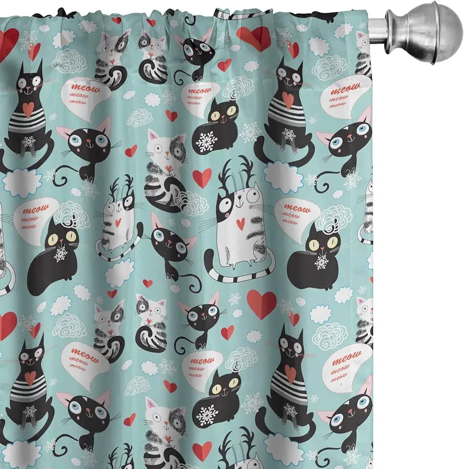 Ambesonne Cortinas de janela para amantes de gatos, preto e branco gatos apaixonados miau impressão entre corações acordados gatinhos orelhas de gato, decoração leve conjunto de 2 painéis com bolso