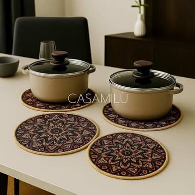 Kit 2 Descansos de Panela em Linho e Borracha CASAMILU Mandala Sol Nascente | Tamanhos 18cm e 20cm - Antiderrapante, Resistente ao Calor, Proteção para Superfícies