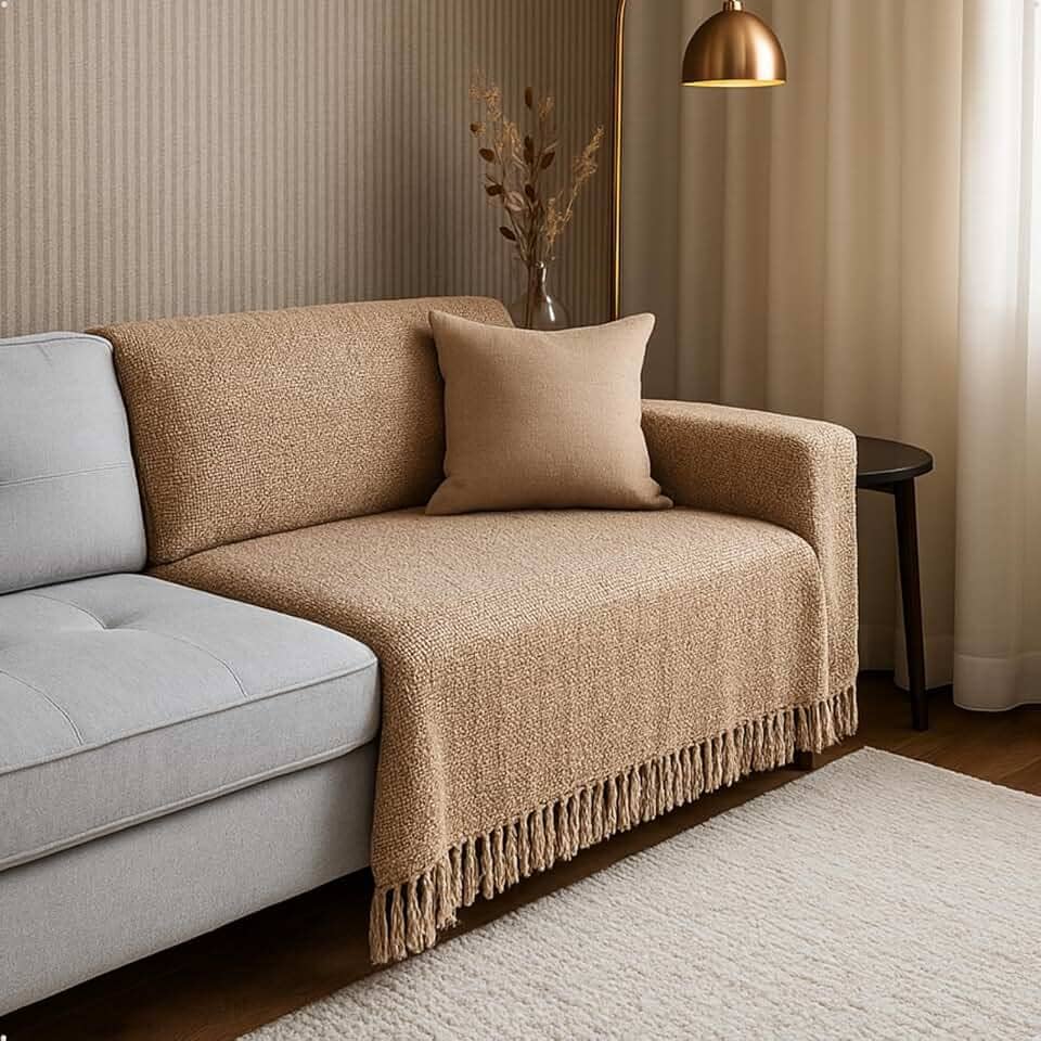 Manta para Sofá 3 Lugares 1,80 × 2,40 m – Algodão 100% com Franjas Decorativas, Protetora para Pets, Toque Macio e Aconchegante (BEGE)