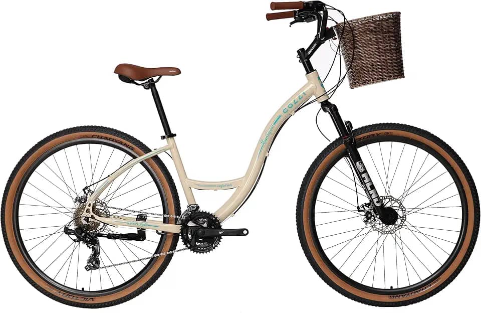 Colli Bike, Munique, Tam. 17 Alumínio, KIT SHIMANO 21 V, Aro 29, Freios a Disco, Com Cesto Bege, Selim Molise Marrom Selle Royal, Pneu com Faixa Bege CHAOYANG, Alavanca Dir EZ-FIRE 7V STEF500 SHIMANO