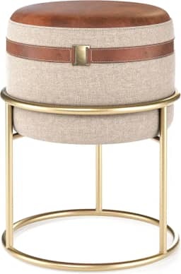 Puff Puf Pouf Banqueta Linho E Couro Pés De Ferro Dallas - Bege