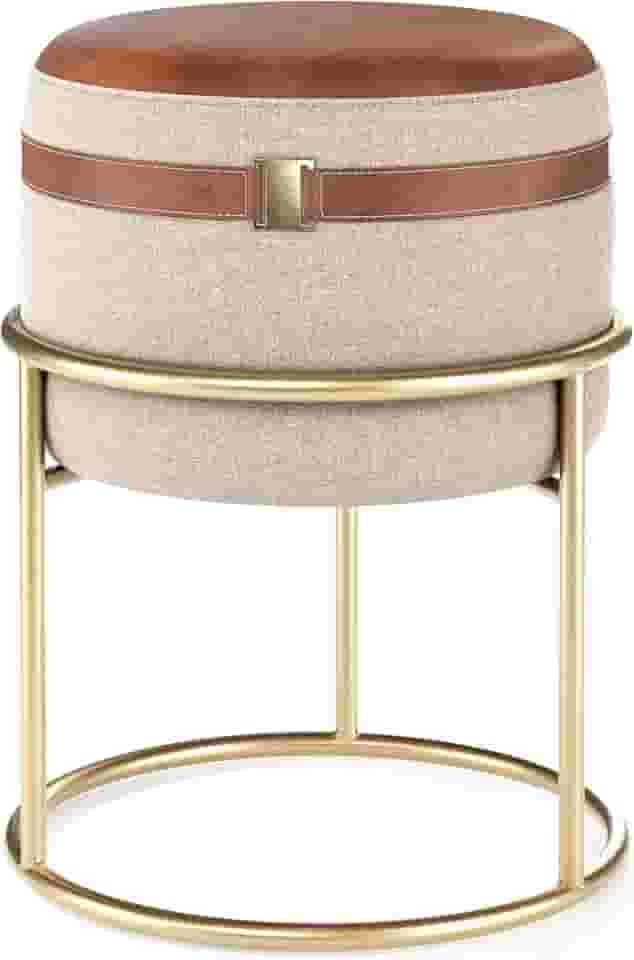 Puff Puf Pouf Banqueta Linho E Couro Pés De Ferro Dallas - Bege