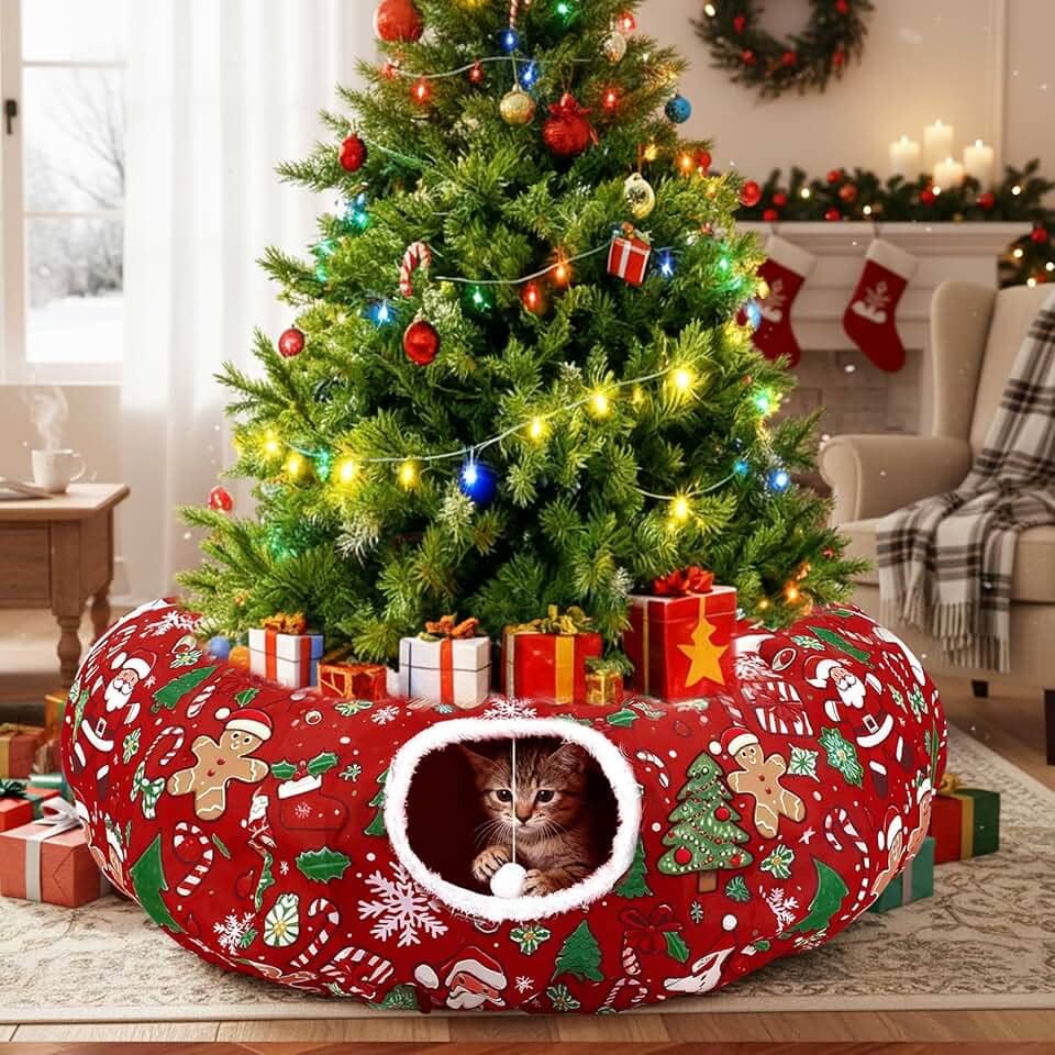 Túnel de gato, saia para árvore de Natal, cama de túnel para gatos internos com gola de floco de neve, caverna para gatos pequenos e médios filhotes sob árvores de Natal, presente de