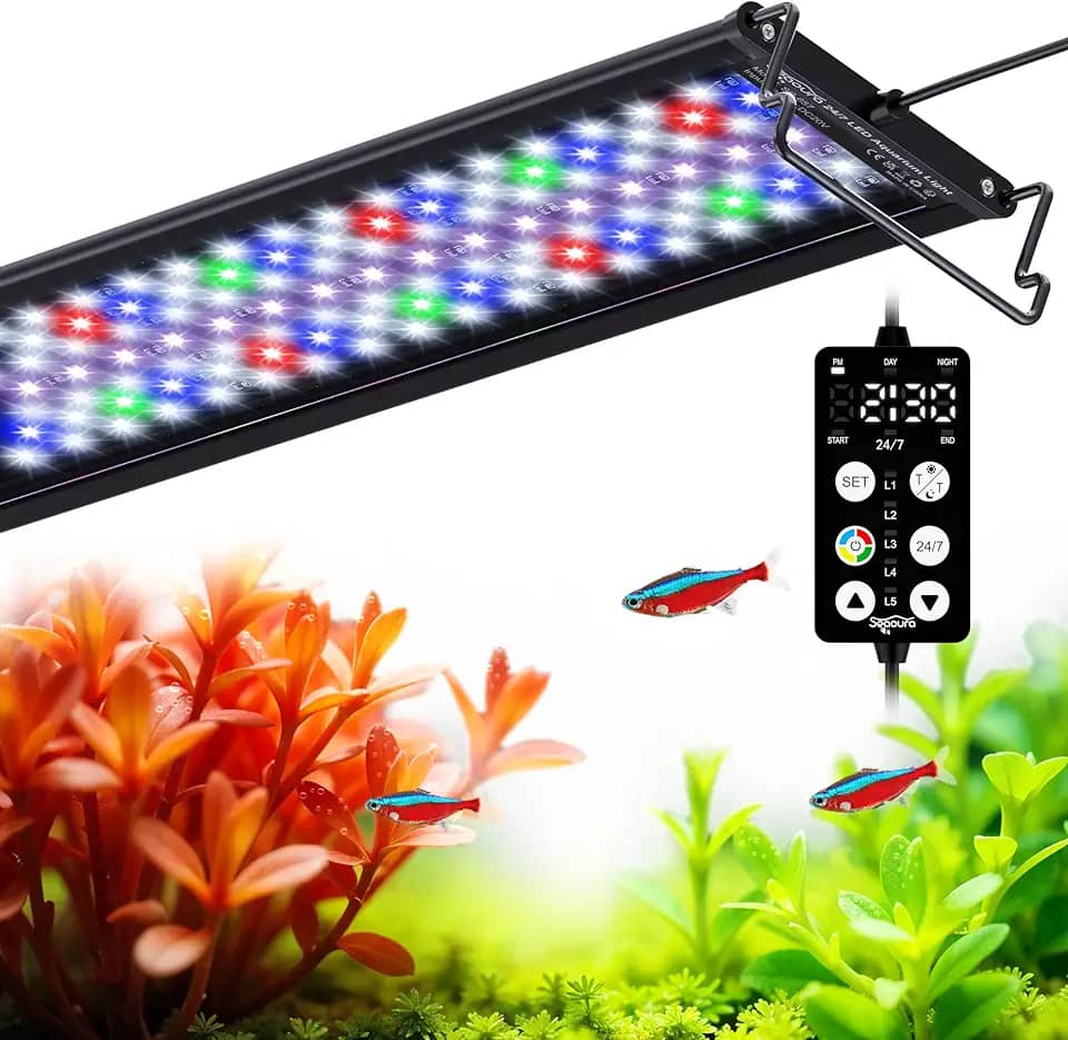 Seaoura Iluminação Para Aquário Plantado 18-24in - LED 7 Fileiras Espectro Completo 8 Cores 20 Brilhos Temporizador Personalizado Ciclo Dia/Noite Montagem Ajustável Água Doce