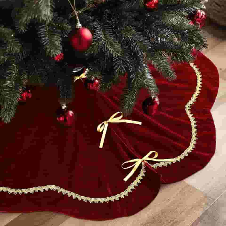 Arrowbash Saia de árvore de Natal 121 cm de pele de veludo vermelho com acabamento em renda dourada brilhante para festas, decorações rústicas de Natal durante todo o ano