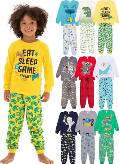 Kit Sortido 6 Peças Pijamas Bebê Menino Longo - 3 Pijamas de Roupa Infantil Masculino de Algodão