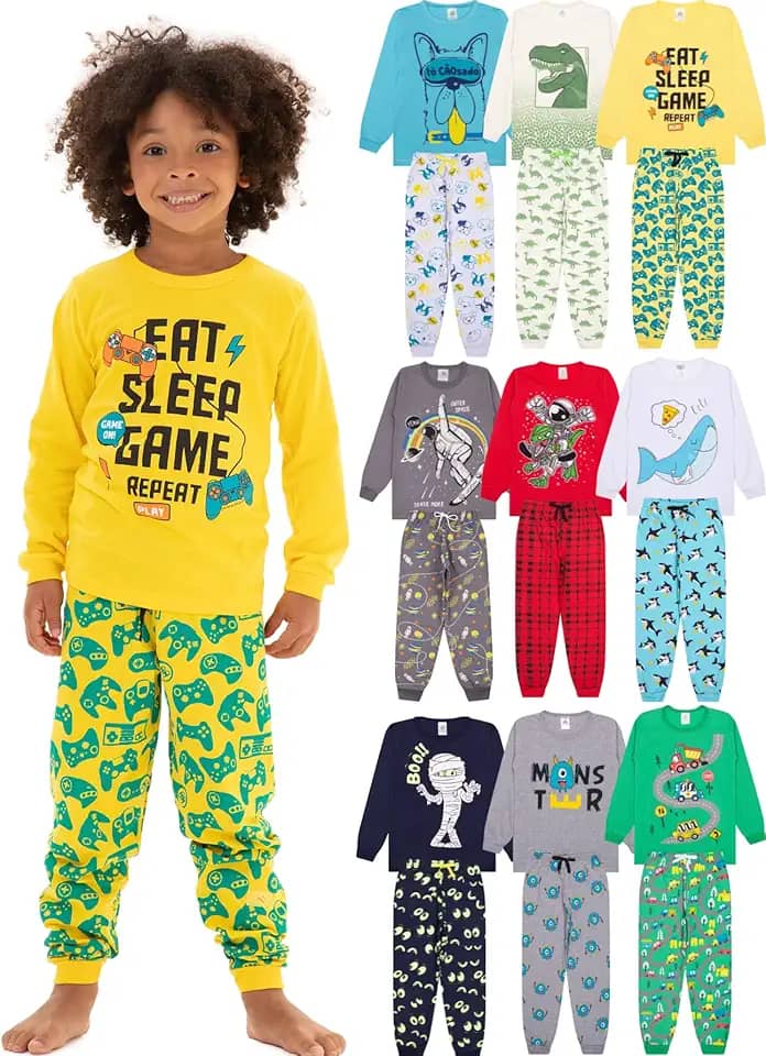 Kit Sortido 6 Peças Pijamas Bebê Menino Longo - 3 Pijamas de Roupa Infantil Masculino de Algodão
