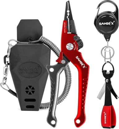 SAMSFX Alicate de pesca de alumínio, removedor de anzol, cortador de linha trança com cordão enrolado, ferramenta de amarração de nó de pesca com mosca e retratores