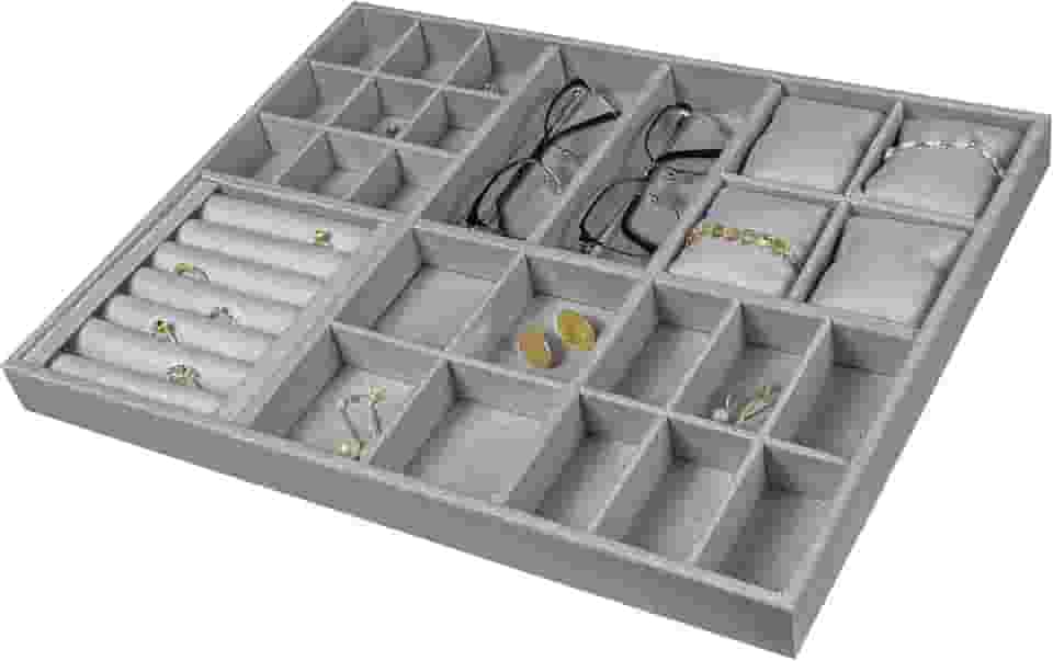 Reluz Art Organizador Para Joias Gaveta Veludo Para Acessórios, Relógios, Anéis, Óculos e Colares (45 x 35 x 3,5cm, Cinza)