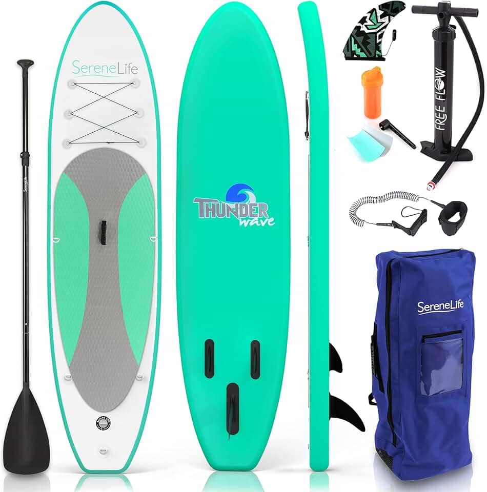 Prancha Stand Up Paddle Inflável SereneLife 305x81cm SUP Thunder Wave Kit Completo com Remo Bomba Mochila Deck Antiderrapante PVC Grau Militar 3 Quilhas Estável Super Wide para Iniciantes e Família