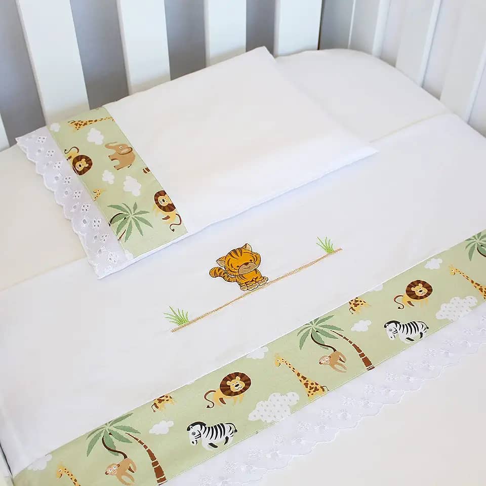 Jogo De Lençol Berço Americano Bordado Bichinhos Floresta, 03 Peças 100% Algodão, Laura Baby