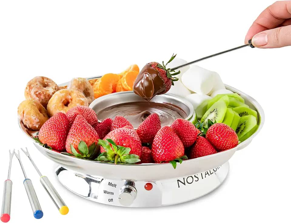 Nostalgia Conjunto de panela elétrica de fondue para chocolate e queijo-fondue com panela de fondue de controle de temperatura e 4 garfos de mergulho, bandeja removível - conjunto de fondue de