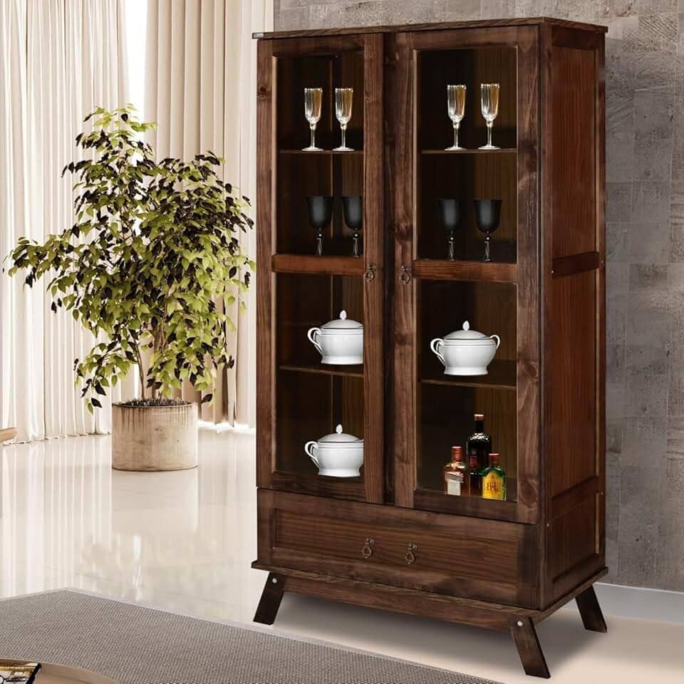 Cristaleira Roma Pinus com HDF Porta de Vidro Retrô Imbuia Natural