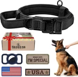 OEBEESA Coleira militar tática ajustável para cães: - Coleiras de nylon K9 com alça e fivela de metal resistente para cães médios e grandes com 3 adesivos e suporte de capa Airtag (G, preto)