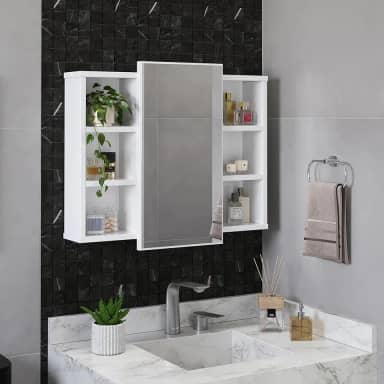 Espelheira Para Banheiro Com Nichos Armário Aéreo Com Espelho Organizador Madri (Branco)