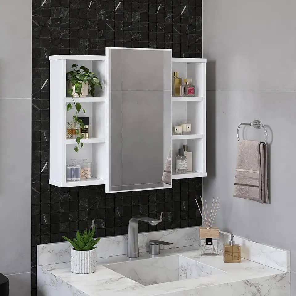 Espelheira Para Banheiro Com Nichos Armário Aéreo Com Espelho Organizador Madri (Branco)
