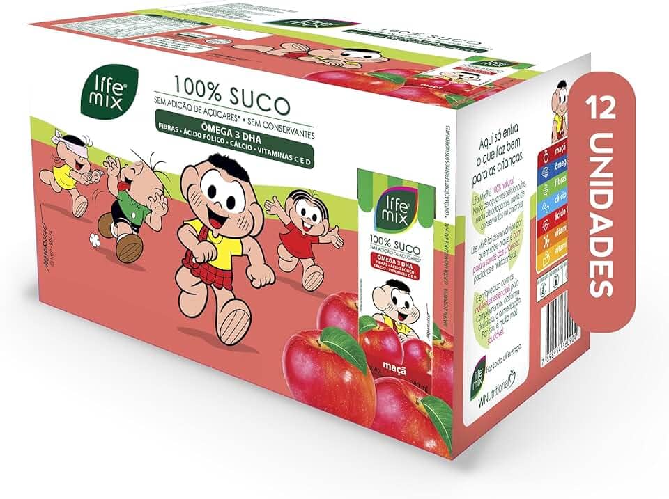 LIFE MIX Turma da Mônica - Suco de Maçã em Caixinha - 100% Suco, Sem Adição de Açúcares, Sem Conservantes e Corantes, Ômega 3 DHA, Vitaminas C e D, Cálcio, Fibras - Vegano - Pack 12 x 200ml