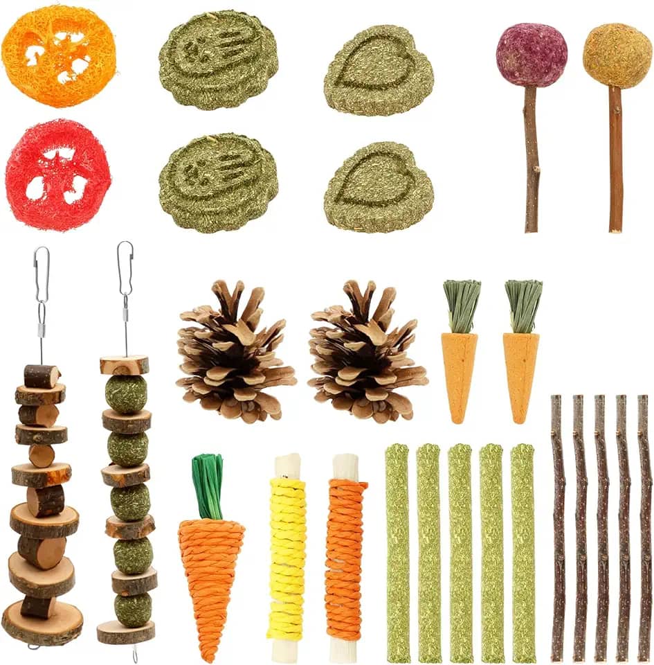 27 peças de brinquedos de mastigação de coelho, brinquedos de mastigar coelho natural, brinquedo de dentição de hamster de madeira segura, conjunto de mastigar hamster, bolas de feno natural Timothy e