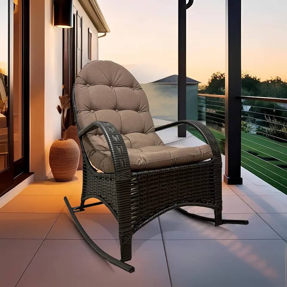 Cadeira Balanço Com Almofada Poltrona Descanso Ergonômica para Varanda Área Externa Junco Espuma Macia Tecido Impermeável… (Nude)