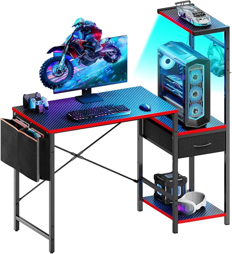 Bestier Mesa de computador com prateleiras, mesa de jogos pequena com luzes LED, mesa de escritório em casa para espaços pequenos, mesa de canto gamer com gaveta para quarto com bolsa de armazenamento