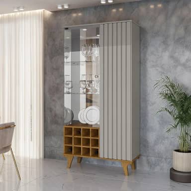 Cristaleira Elba Ripado Real Portas de Vidro Pés de Madeira Maciça 12 Nichos Garrafeiros Off-White/Naturalle