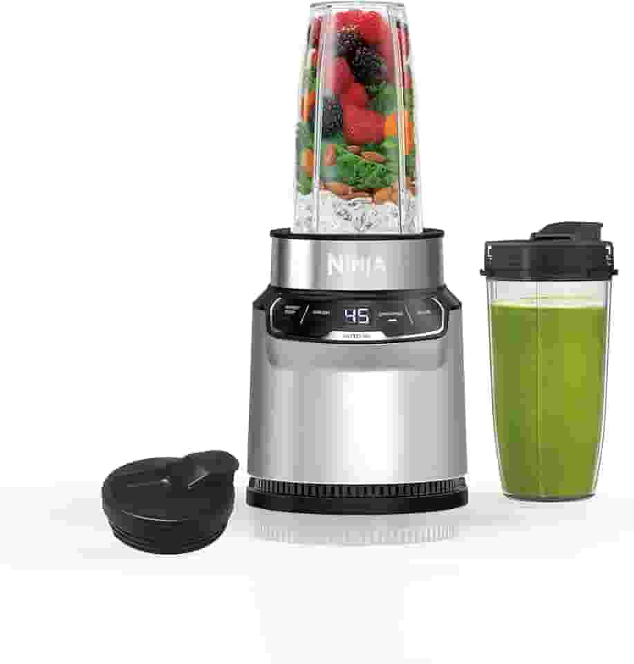 Ninja Liquidificador pessoal compacto BN401 Nutri Pro, tecnologia Auto-iQ, 1000 watts de pico, para bebidas congeladas, vitaminas, molhos e muito mais, com (2) copos e tampas de bico para viagem de