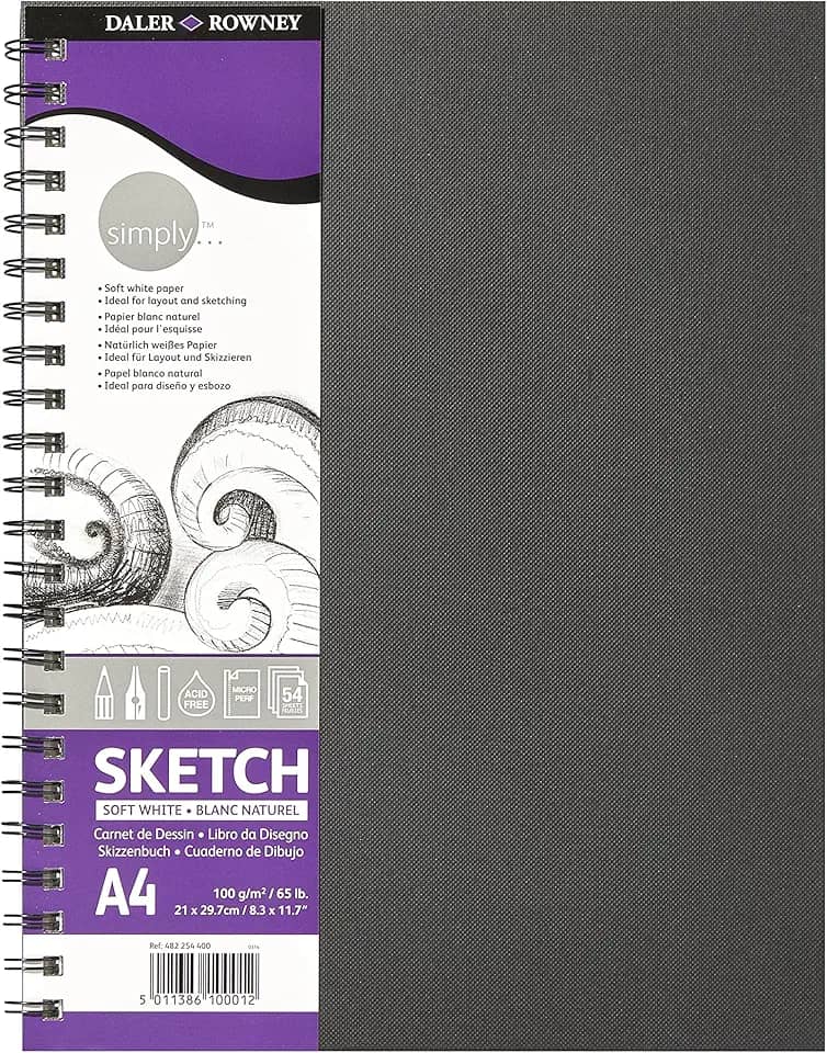 DALER ROWNEY Simply Sketchbook, Papel para Desenho em Caderneta, com Espiral, Tamanho A4, Gramatura 100g/m²
