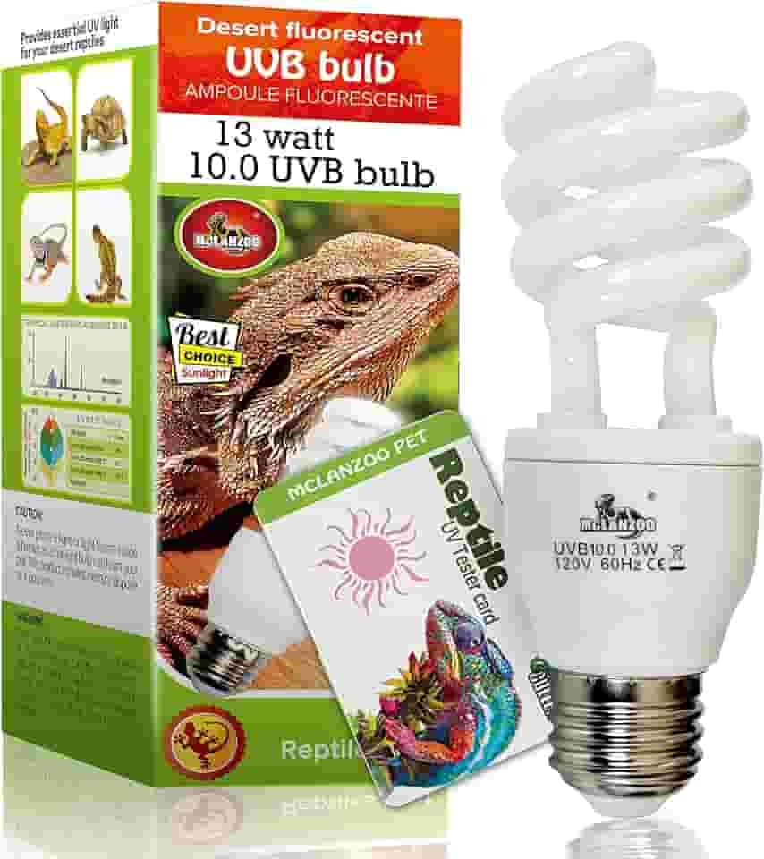 MCLANZOO Lâmpada de réptil UVA UVB Light 10.0 13W deserto compacta fluorescente lâmpada de terrário para dragão barbudo, tartaruga, cobra, lagartixa, lagarto com cartão de testador UV