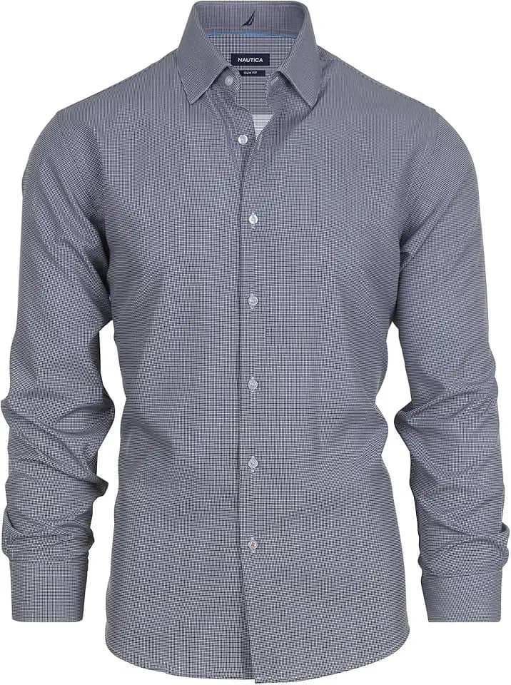 Camisa social masculina slim fit, manga comprida, tecido de poliéster, sem rugas, elasticidade em 4 direções