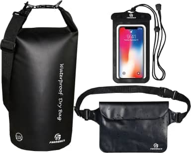 Freegrace Conjunto de 3 sacos secos à prova d'água com 2 selos com zíper e alça de ombro destacável, bolsa de cintura e capa de telefone - pode ser submersa na água - para nadar (preto, 5L)