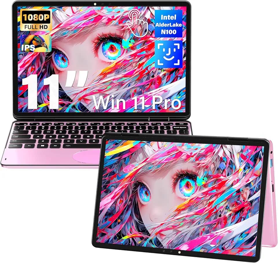Svikou Laptop conversível 2 em 1 com tela sensível ao toque rosa de 11 polegadas, tela IPS FHD (1920 x 1200), processador Intel N100, 16 GB de RAM, SSD de 1 TB, reconhecimento facial, KB