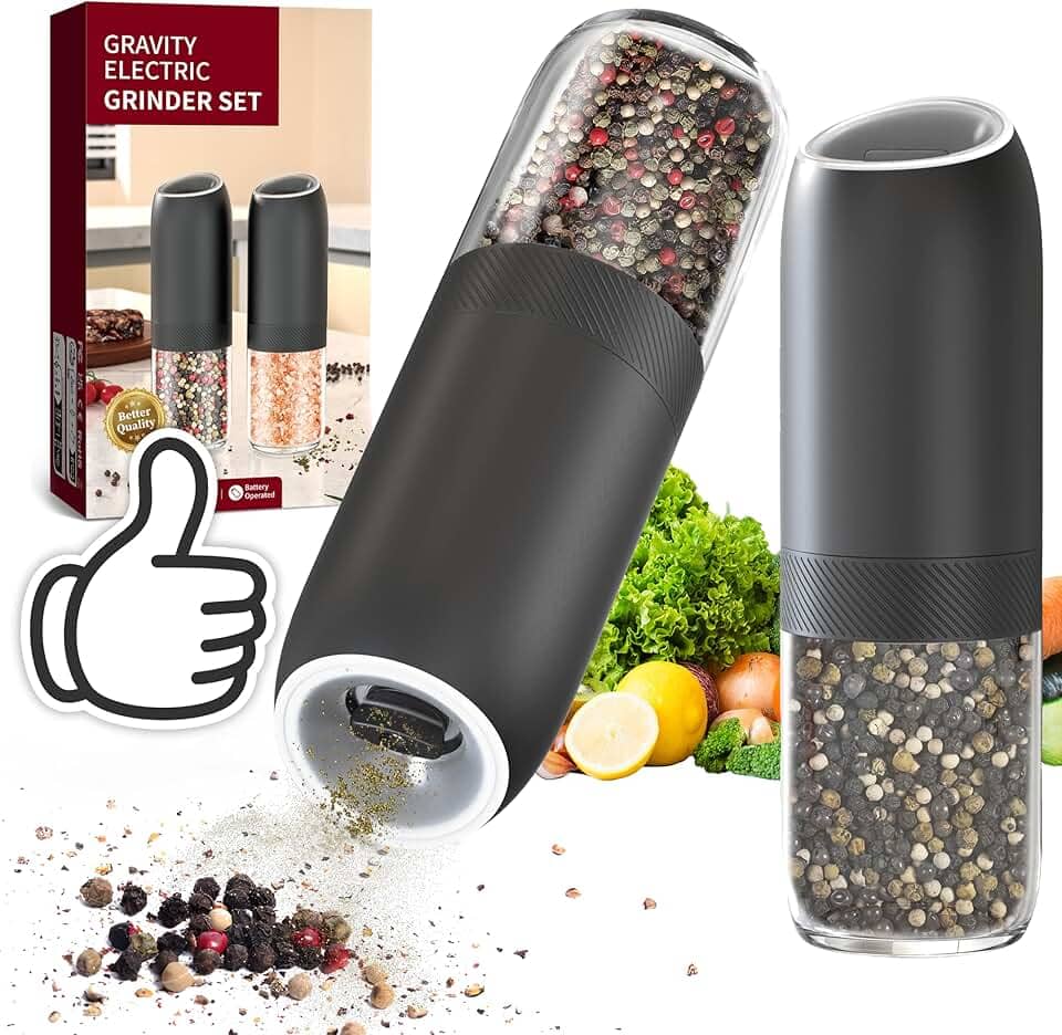 Kit 2 Moedor de Pimenta e Sal Elétrico Automático, Sensor por Inclinação, Operação com Uma Mão, Luz LED, a Pilha, Ajuste de Moagem, 176ml de Grande Capacidade, Preto, para Cozinha e Churrasco