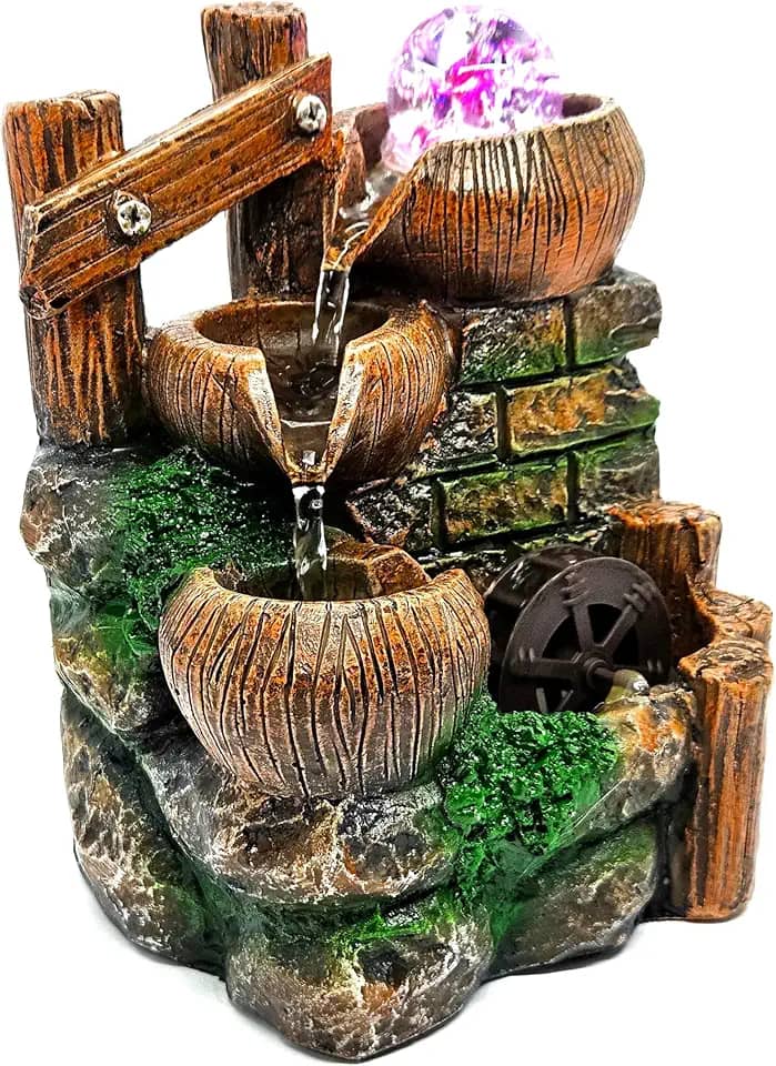 Fonte De Água Cascata Relaxante Decorativa Com LED 3 Quedas Moinho