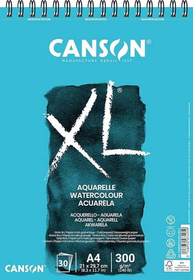 CANSON XL Aquarelle, Caderno Papel para Aquarela com Espiral 300g/m², A4: 21 x 29,7 cm, 30 Folhas