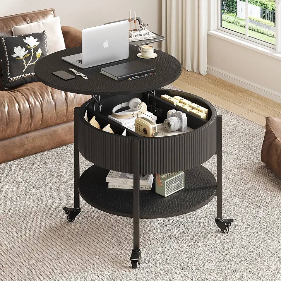 Mesa de centro pequena de 68 cm, mesa de centro redonda canelada com armazenamento, mesa central moderna com mesa elevatória para sala de estar, escritório em casa, preta