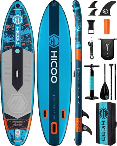 HICOO 11'6''×34'×6' Prancha De Remo Inflável Extra Larga, Prancha De Stand Up Paddle, Prancha De Sup Com 3 Barbatanas Removíveis, Bolsa À Prova D'Água 10L, 16 Argolas Em D, Mochila, Bomba Manual, Remo