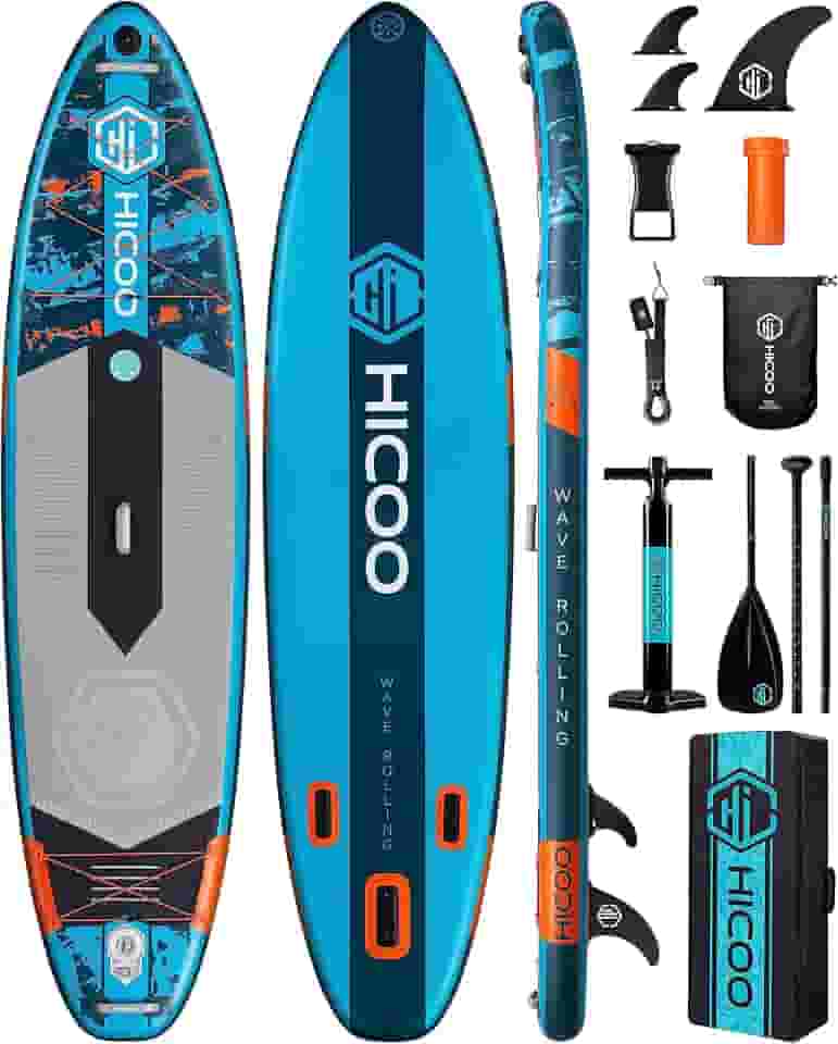 HICOO 11'6''×34'×6' Prancha De Remo Inflável Extra Larga, Prancha De Stand Up Paddle, Prancha De Sup Com 3 Barbatanas Removíveis, Bolsa À Prova D'Água 10L, 16 Argolas Em D, Mochila, Bomba Manual, Remo