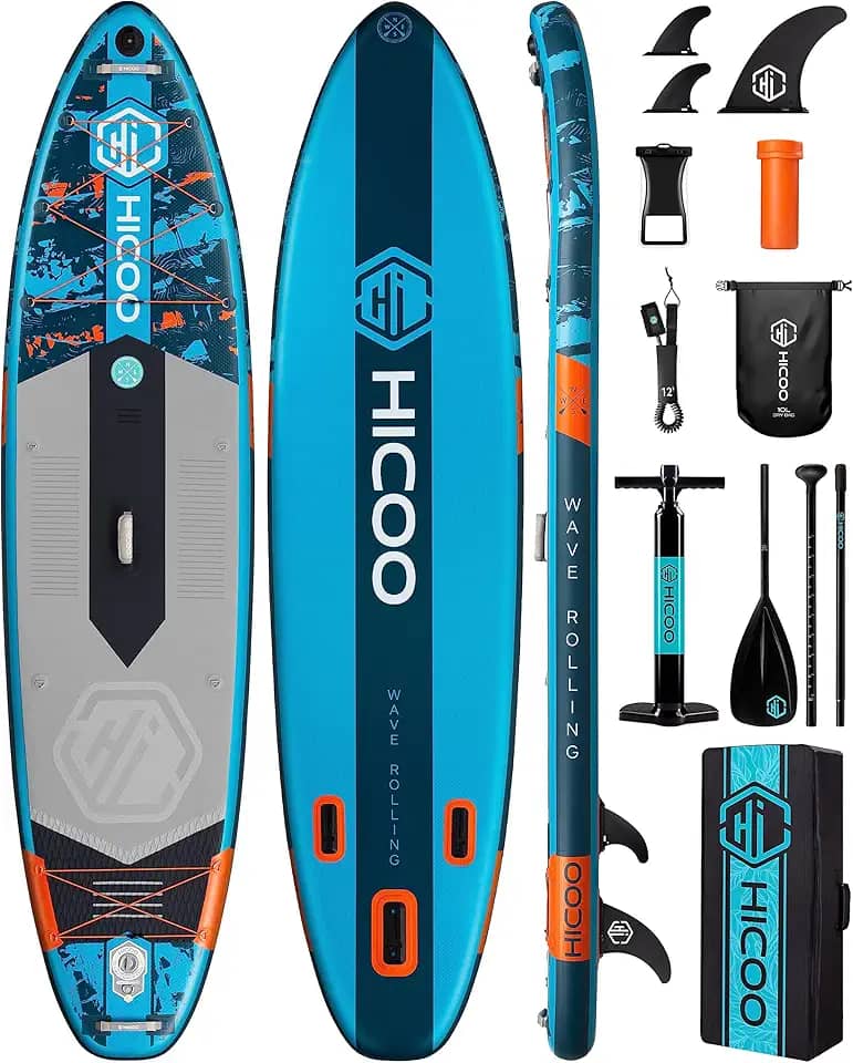 HICOO 11'6''×34'×6' Prancha De Remo Inflável Extra Larga, Prancha De Stand Up Paddle, Prancha De Sup Com 3 Barbatanas Removíveis, Bolsa À Prova D'Água 10L, 16 Argolas Em D, Mochila, Bomba Manual, Remo
