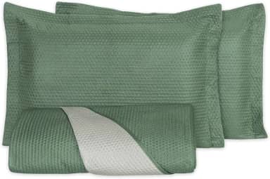 Kit Colcha King Cobre Leito 3 Peças Dupla Face Porta Travesseiro Aba Americana, Leve, Respirável, Macio (Verde, King)