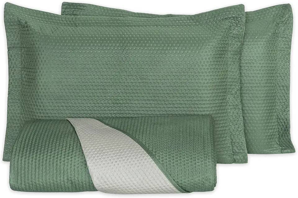 Kit Colcha King Cobre Leito 3 Peças Dupla Face Porta Travesseiro Aba Americana, Leve, Respirável, Macio (Verde, King)