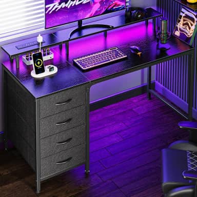 Huuger Mesa de computador de 120 cm com tomadas elétricas e luzes LED, mesa de jogos com 4 gavetas, mesa de escritório com suporte para monitor, mesa de estudo para escritório em casa, espaços