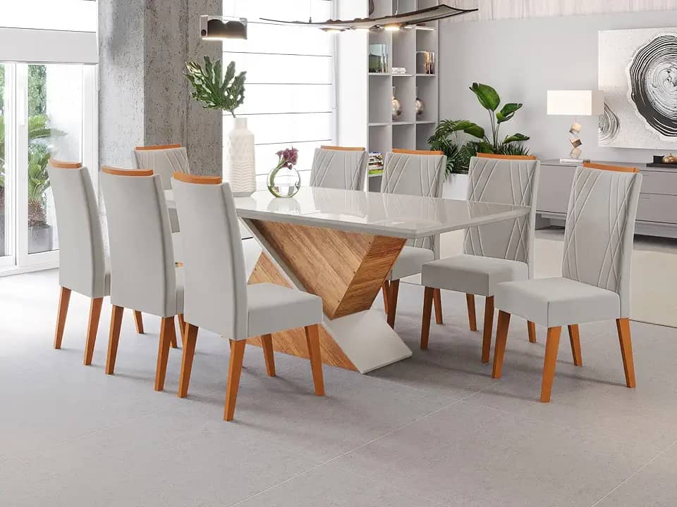 Mesa de Jantar Retangular Pipa com 8 Cadeiras Madeira Maciça Vegas Mel/Marfim/Off White