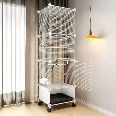 Gaiola para Calopsita, 130 * 37 * 37cm, Viveiro para Papagaio Grande, Gaiola Calopsita, Viveiro para Calopsita com Vara de Pouso, Rodízios Giratórios e Bandeja, Branco