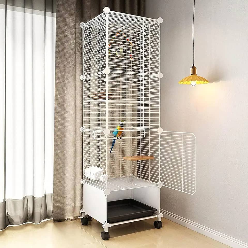 Gaiola para Calopsita, 130 * 37 * 37cm, Viveiro para Papagaio Grande, Gaiola Calopsita, Viveiro para Calopsita com Vara de Pouso, Rodízios Giratórios e Bandeja, Branco