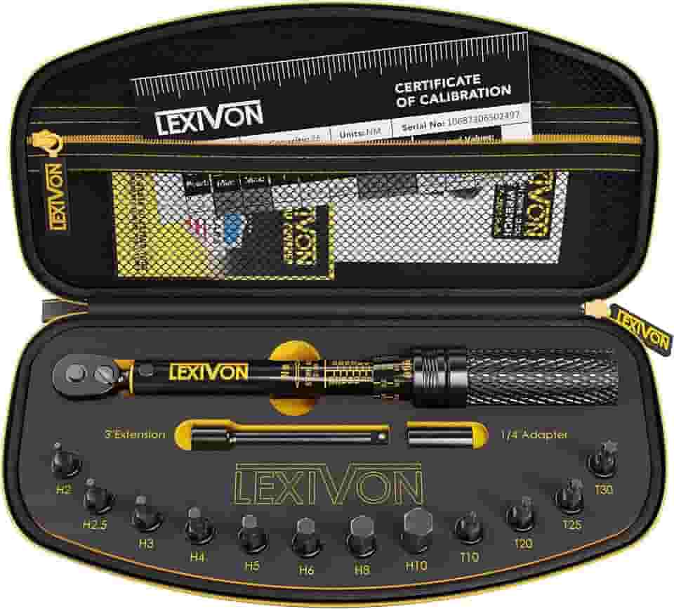 LEXIVON Kit de chave de torque para bicicleta de 1/4' Dr. 15 peças | Engrenagem de 72 dentes, clique de direção dupla tipo 2 ~ 26 Nm (17,7~230 '-lb) | Kit de manutenção portátil para bicicletas de estrada e montanha (LX-191)