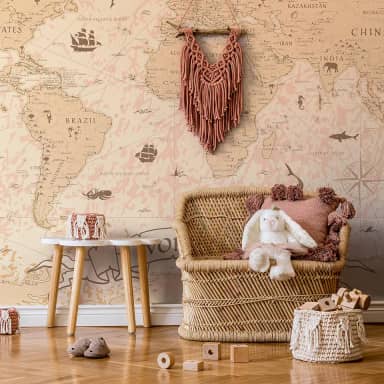 Papel de Parede Mapa Mundi Vintage Painel Vinil 6 rolos 9m²