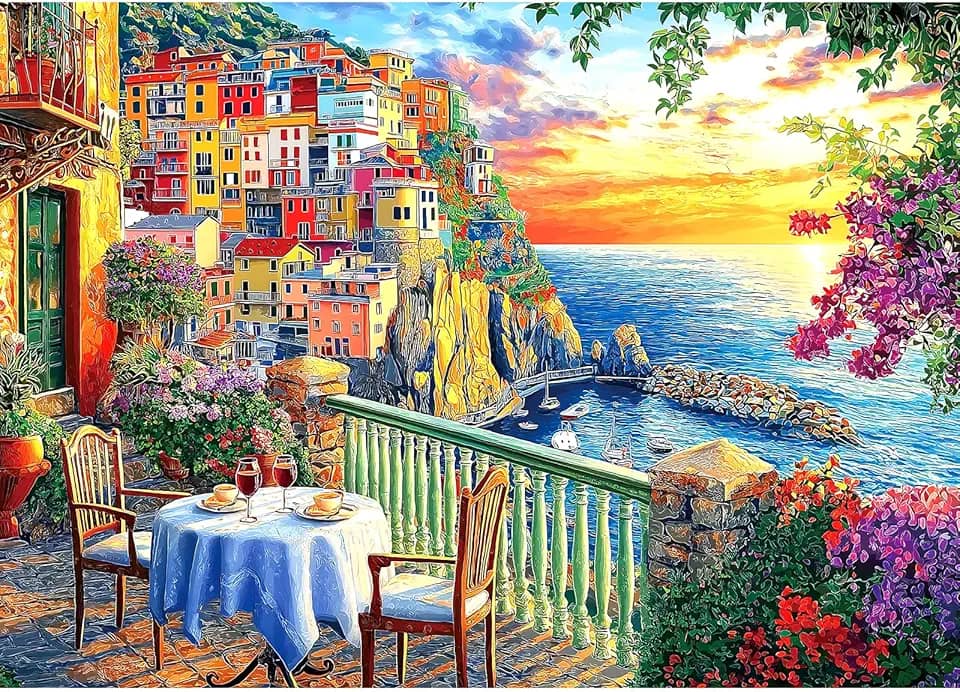 Quebra-cabeça Itália Cinque Terre para adultos 1000 peças vila costeira bela paisagem paisagem vista do pôr do sol com letras nas costas rígido impossível difícil desafiador família quebra-cabeça