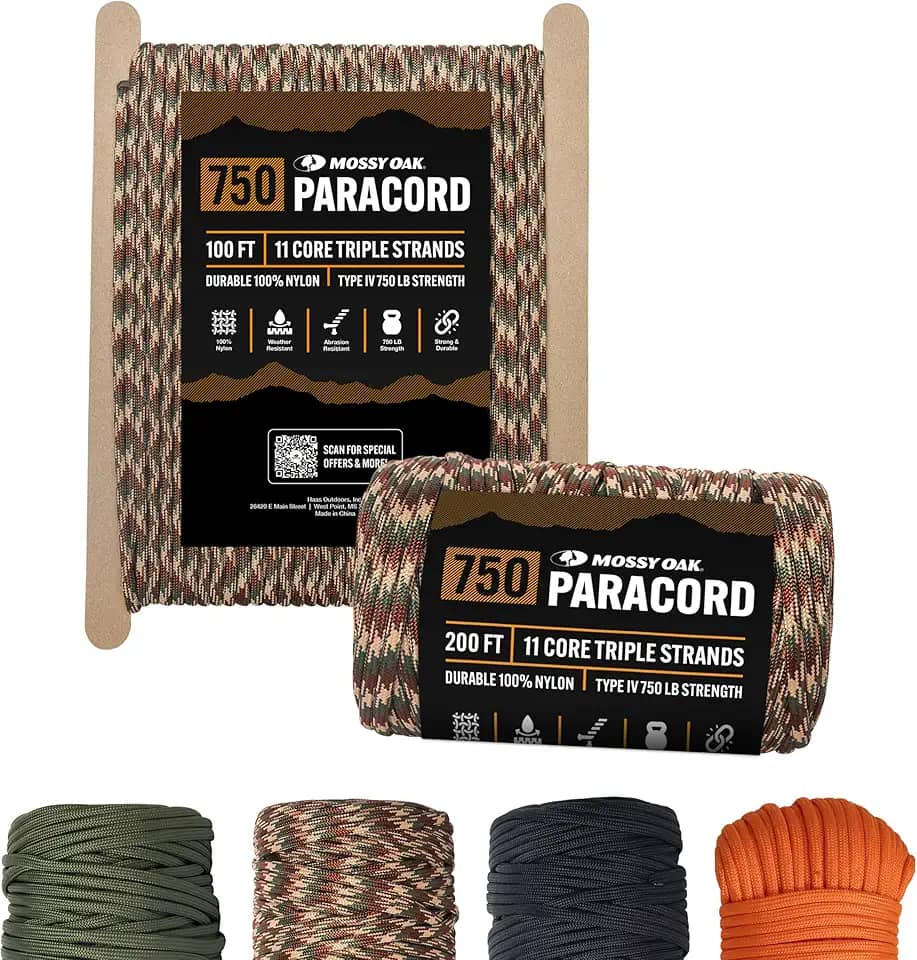 Mossy Oak Paracord 750 - Paracord De Nylon Resistente - Corda De Sobrevivência, Ideal Para Camping, Caça, Pesca, Artesanato E Uso Faça Você Mesmo - Corda Fina De Paraquedas - 4 Mm De Diâmetro - 100