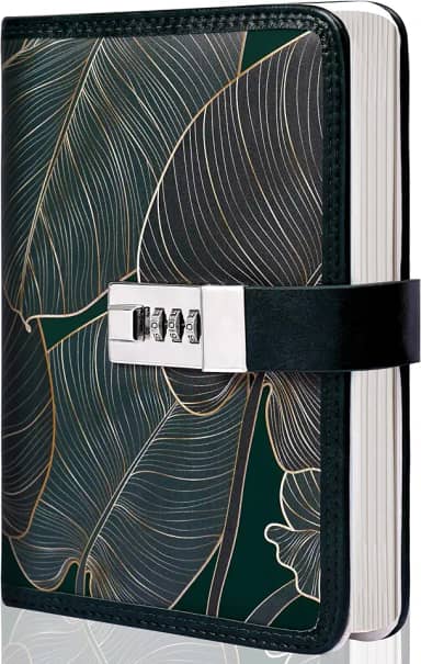 CAGIE Diário digital com combinação de fecho, 224 páginas, diário de segredos bloqueáveis, design de folhas impressas para adultos, 12 x 18 cm, verde