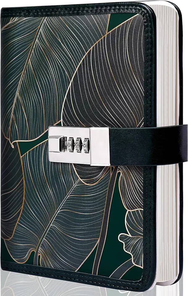 CAGIE Diário digital com combinação de fecho, 224 páginas, diário de segredos bloqueáveis, design de folhas impressas para adultos, 12 x 18 cm, verde